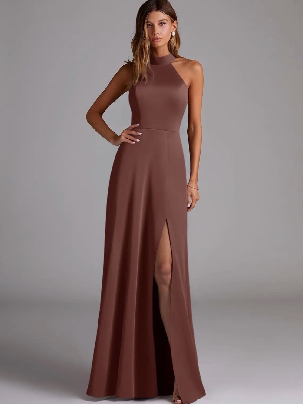 Azazie High-Neck Espresso Brown Satin Evening Dress